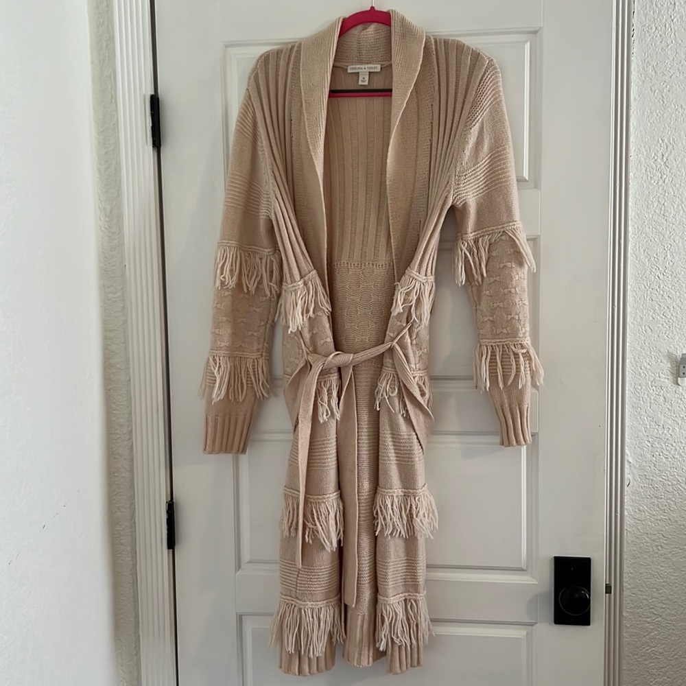 Chelsea and Violet - long cardigan with fringe and belt
